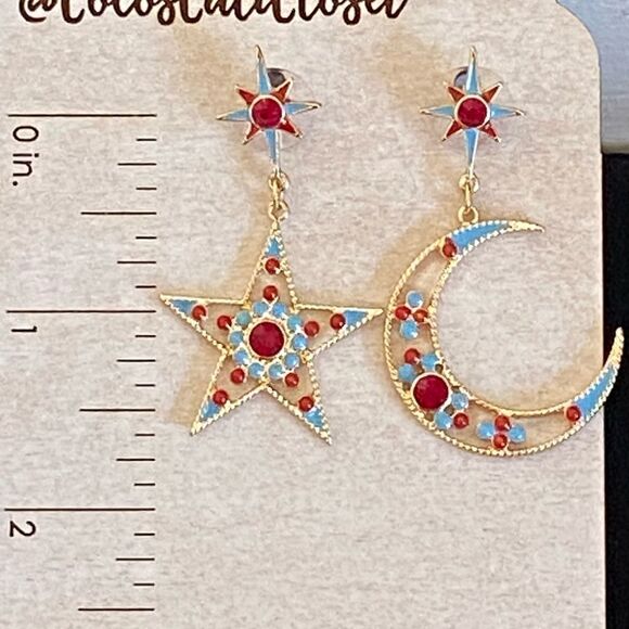 Bijoux Star Crescent Moon Mismatched Gold Tone Multicolor Dangle Earrings NWT - Picture 7 of 14